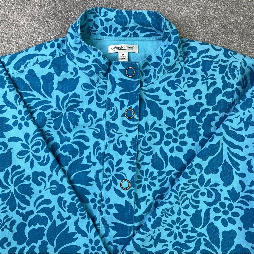 Coldwater Creek Blue Floral Cotton Jacket 1X Snap Front Lightweight